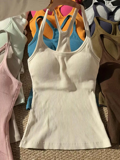 Dopamine  Sporty Fitness Women's Tank Top with Chest Pad Outdoor Style round Neck Backless Vest Casual Daily Wear