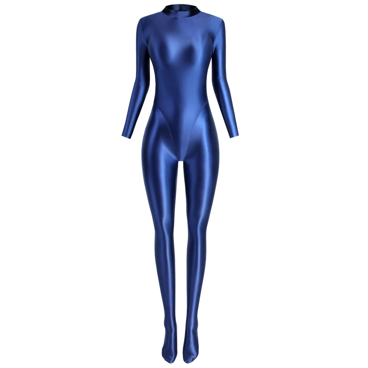 MJINM Glitter Shiny Satin High Stretch V-crotch Longsleeve Back Zipper Yoga Fitness Jumpsuit Bodysuit Playsuit Catsuit Homewear