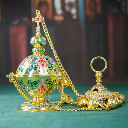 HTISOK Orthodox Incense Burner Gold Plated Censer with Enamel Home Hanging Incense Charcoal Burner Church Sacrificial Supplies