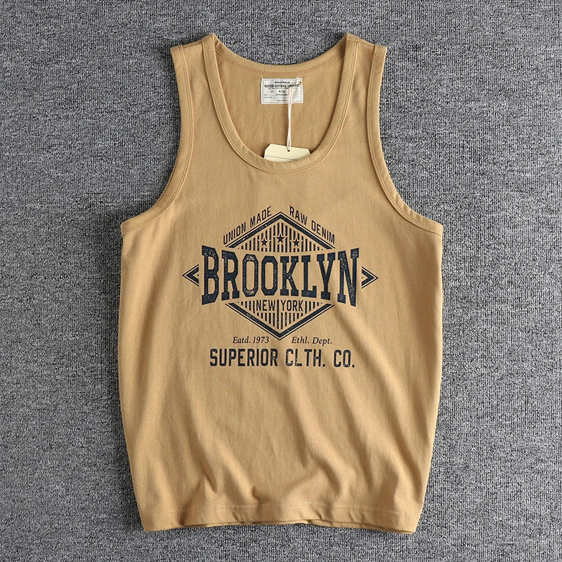 Summer New 230g American Retro Sleeveless O-neck Letter Printed T-shirt Men's 100% Cotton Washed Casual Sports Fitness Vest Tops