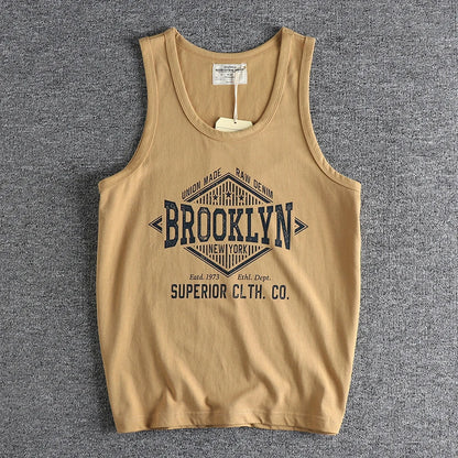 Summer New 230g American Retro Sleeveless O-neck Letter Printed T-shirt Men's 100% Cotton Washed Casual Sports Fitness Vest Tops