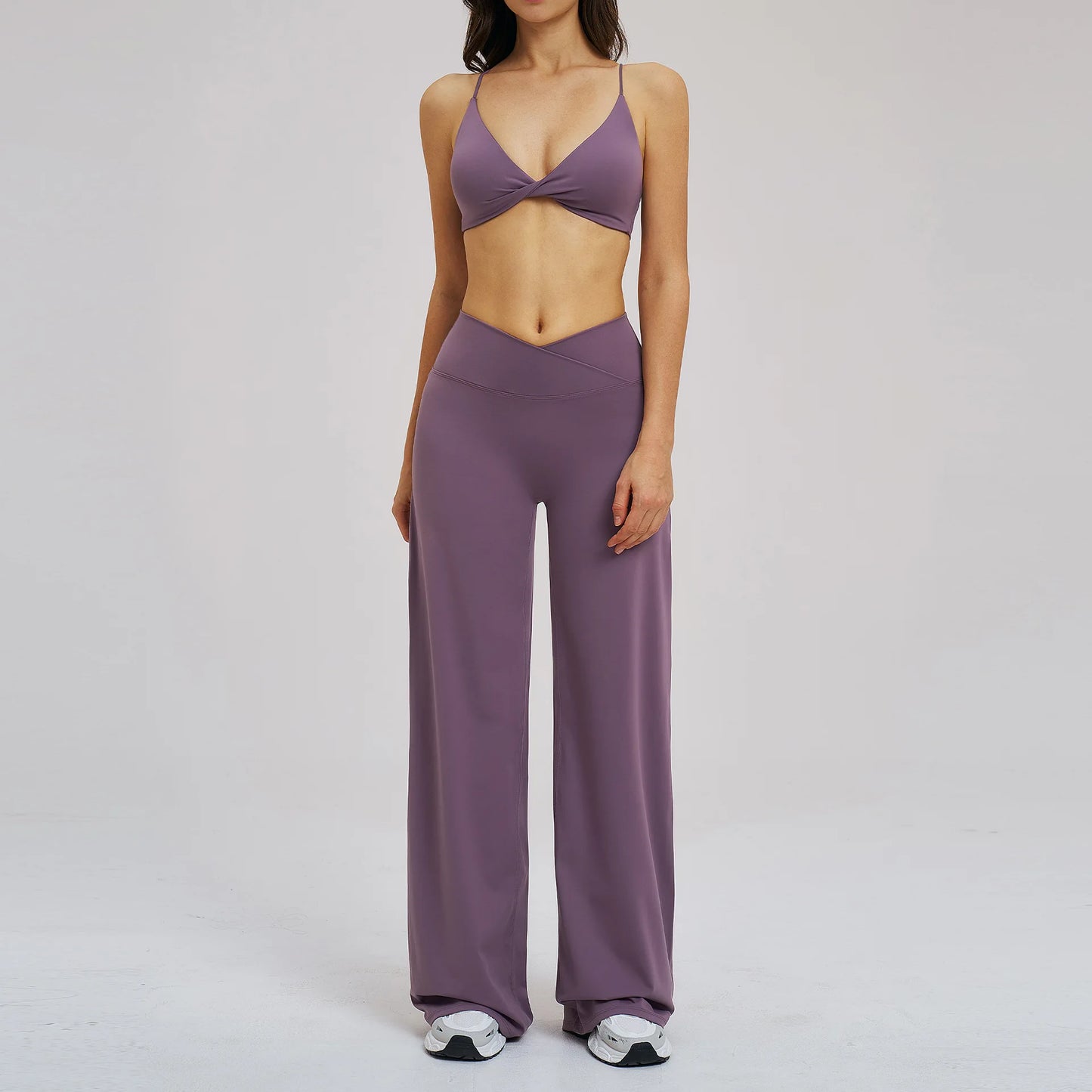 Yoga Set - Backless Bra + Cross Waist Wide Leg Pants Fitness Suit, Jogging Tracksuit Active Wear Workout Loungewear Sports Gym