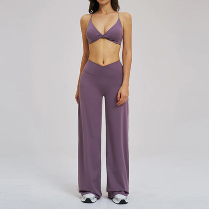 Yoga Set - Backless Bra + Cross Waist Wide Leg Pants Fitness Suit, Jogging Tracksuit Active Wear Workout Loungewear Sports Gym