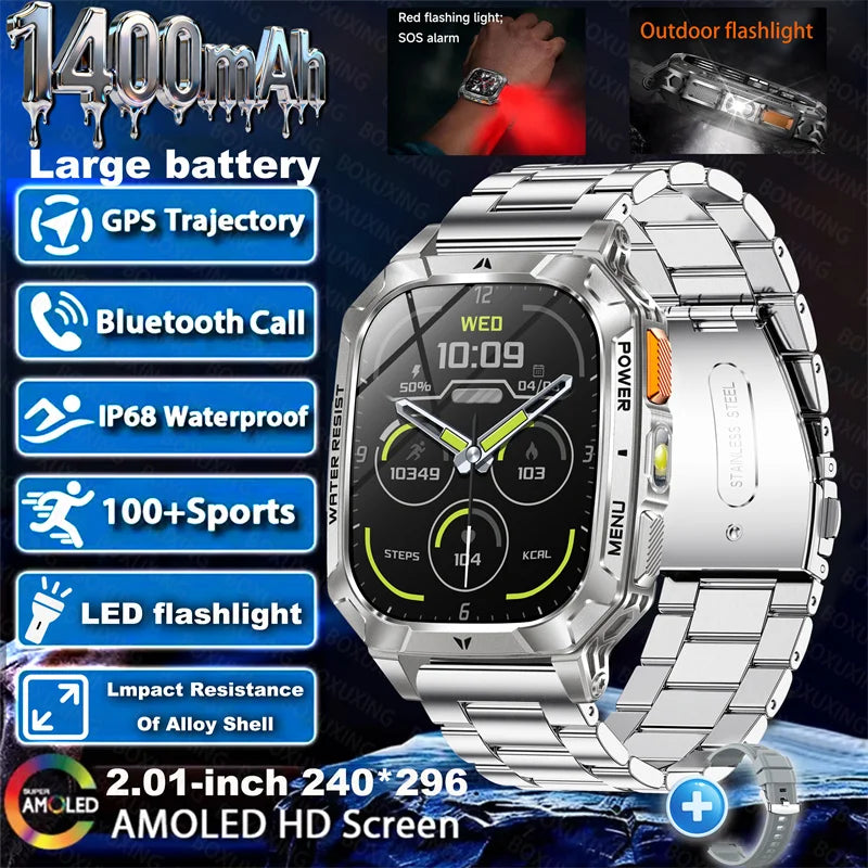 Outdoor military Smart Watch 1400mAh Battery Fitness Tracking 10ATM Waterproof Tactical Sports Flashlight Men's Phone Watches