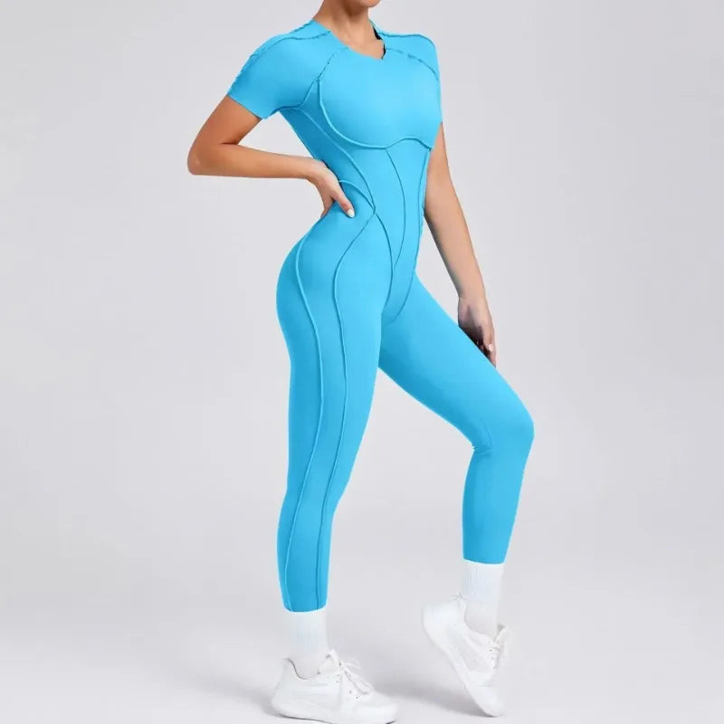 Seamless Yoga Jumpsuits Sports Fitness Combination Hip-lifting Open Back Short-sleeved Set Outdoors Gym Workout Tracksuits Women