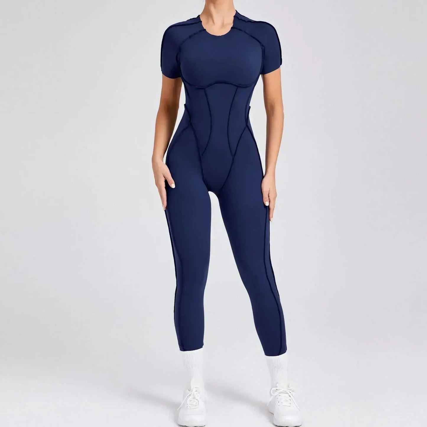 Seamless Yoga Jumpsuits Sports Fitness Combination Hip-lifting Open Back Short-sleeved Set Outdoors Gym Workout Tracksuits Women