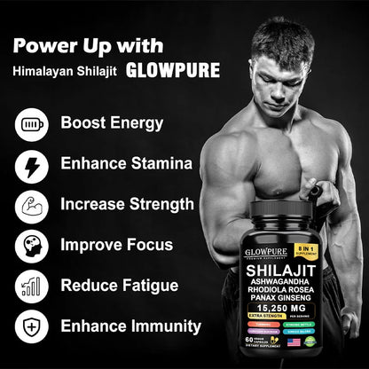 Shilajit Original Himalaya Supplements - 8 in 1 with Ginseng Ashwagandha for Brain, Memory, Concentration, Energy, Immune Health