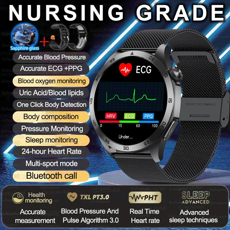 2025 New Nursing Grade Smart Watch ECG+PPG Blood Lipid Blood pressure Uric Acid HD Bluetooth Call Clock Health Smart Watch Men