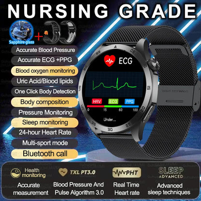 2025 New Nursing Grade Smart Watch ECG+PPG Blood Lipid Blood pressure Uric Acid HD Bluetooth Call Clock Health Smart Watch Men