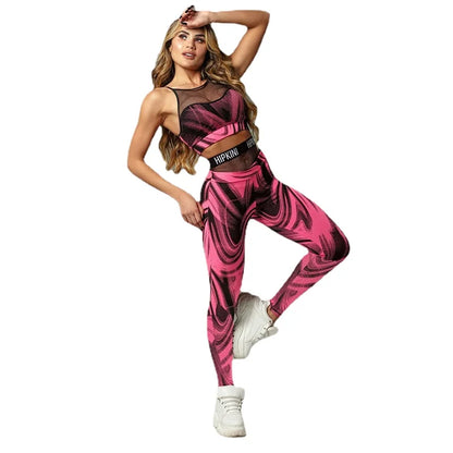 Oshoplive Female Sportswear Two Pieces Set Sports Red Printed Patchwork Mesh Tanks&Leggings Gym Yoga Suits For Women 2025 New