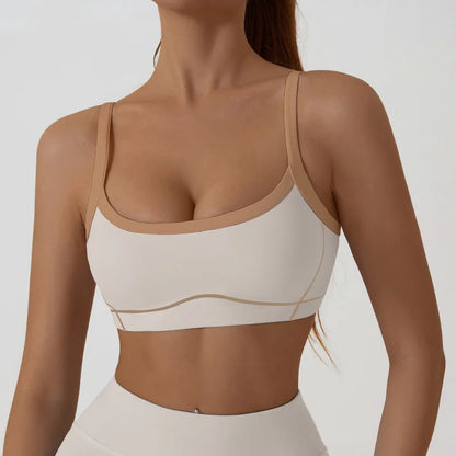 Nude High-elasticity Yoga Suit Contrasting Color Bra Halter Top Hip-lifting Fitness Line Shorts Pilates Sports Set