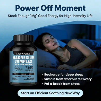 Magnesium Complex 710MG Capsules - 8 Chelated Forms + B/C/E Vitamins, Sleep Stress Relief, Bone Muscle Heart Health, Non-GMO