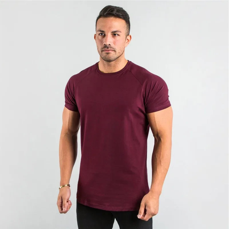 Men's T-shirt European Summer Fitness Sports Solid Cotton Elasticity Active Short-sleeved T-shirt Large Size M-2XL