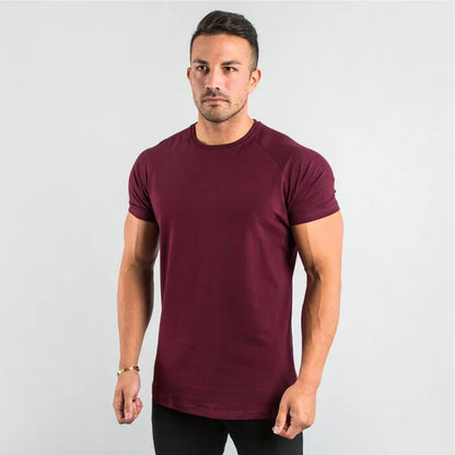 Men's T-shirt European Summer Fitness Sports Solid Cotton Elasticity Active Short-sleeved T-shirt Large Size M-2XL