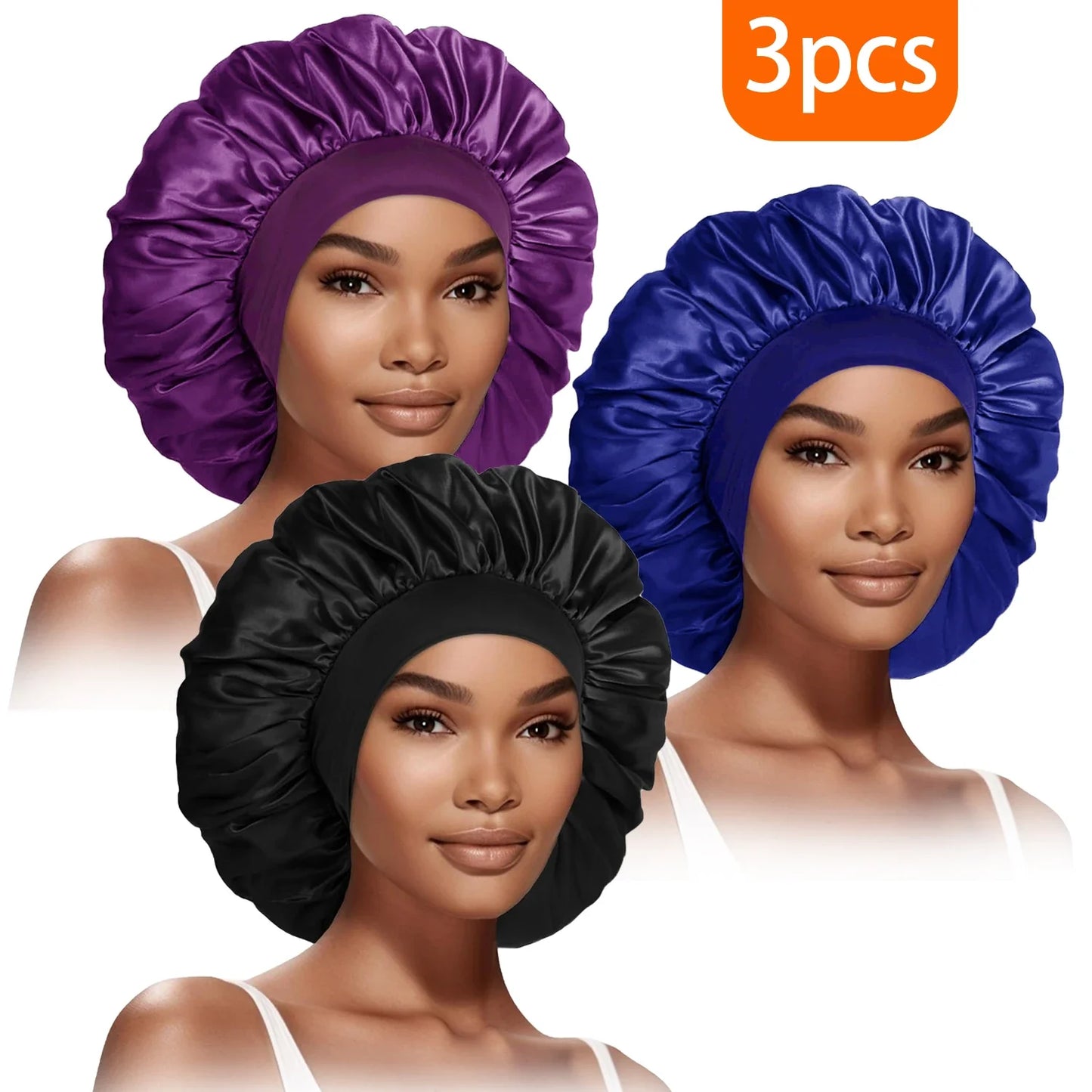 3pcs Satin Bonnet for Women Extra Wide Brim Silk Sleep Cap - Curly Hair Care, Gym & Travel, Breathable Elastic Band