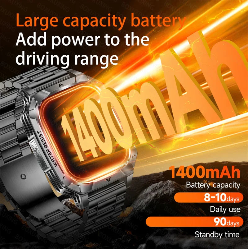 Outdoor military Smart Watch 1400mAh Battery Fitness Tracking 10ATM Waterproof Tactical Sports Flashlight Men's Phone Watches