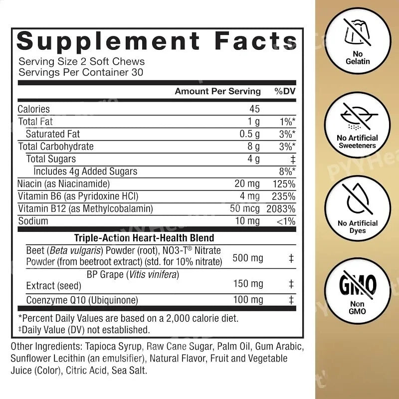 Beetroot Gummies with CoQ10, B Vitamins Grape Seed Extract Plant-Based Soft Chews Daily Energy Supplement