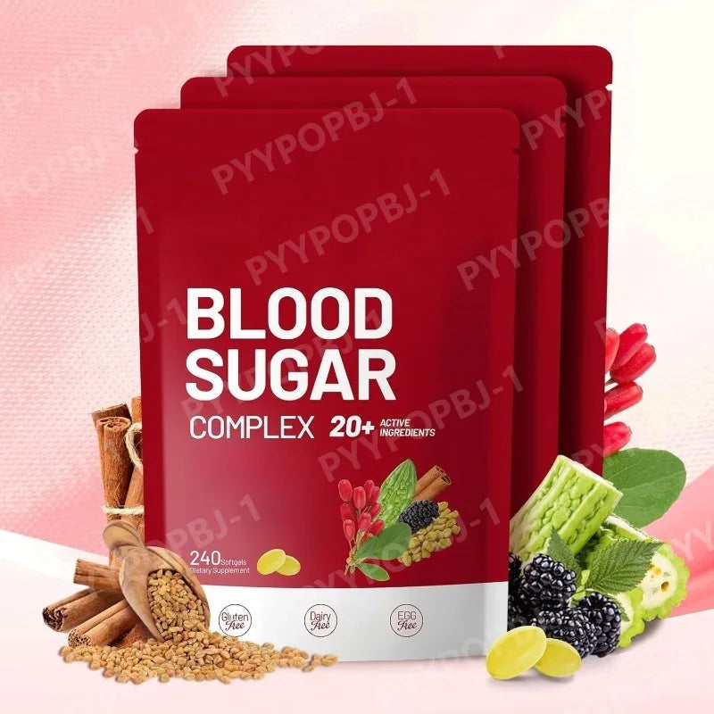 Blood Sugar Complex Supplement Advanced Formula with 20 Herbs and Vitamins Daily Health Support 240 Softgels Per Bag Vegan