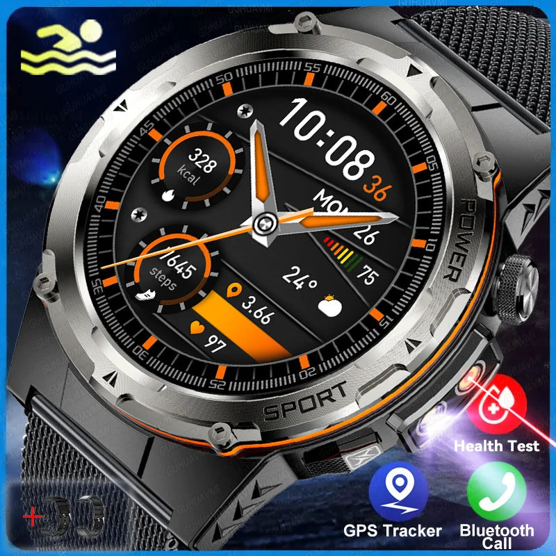 2024 New Military Smartwatch IP68 Waterproof outdoor Sports Fitness tracker health monitor BT call 365nm UV+ infrared