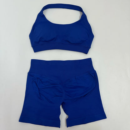 Yoga Shorts Sets Seamless Yoga Set Women 2Pcs Halter Sports Bra Scrunch Butt Gym Shorts Set Workout Clothes Summer Sportswear
