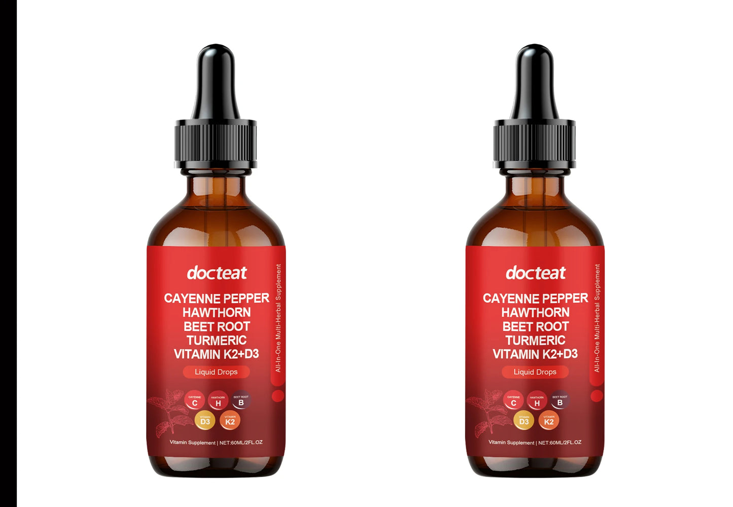 Cayenne Pepper Drops with Hawthorn Berry, Beetroot, Turmeric, and Vitamins D3 & K2 - All-in-One Liquid Supplement