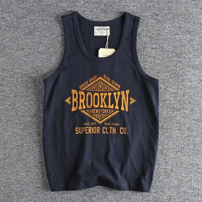 Summer New 230g American Retro Sleeveless O-neck Letter Printed T-shirt Men's 100% Cotton Washed Casual Sports Fitness Vest Tops