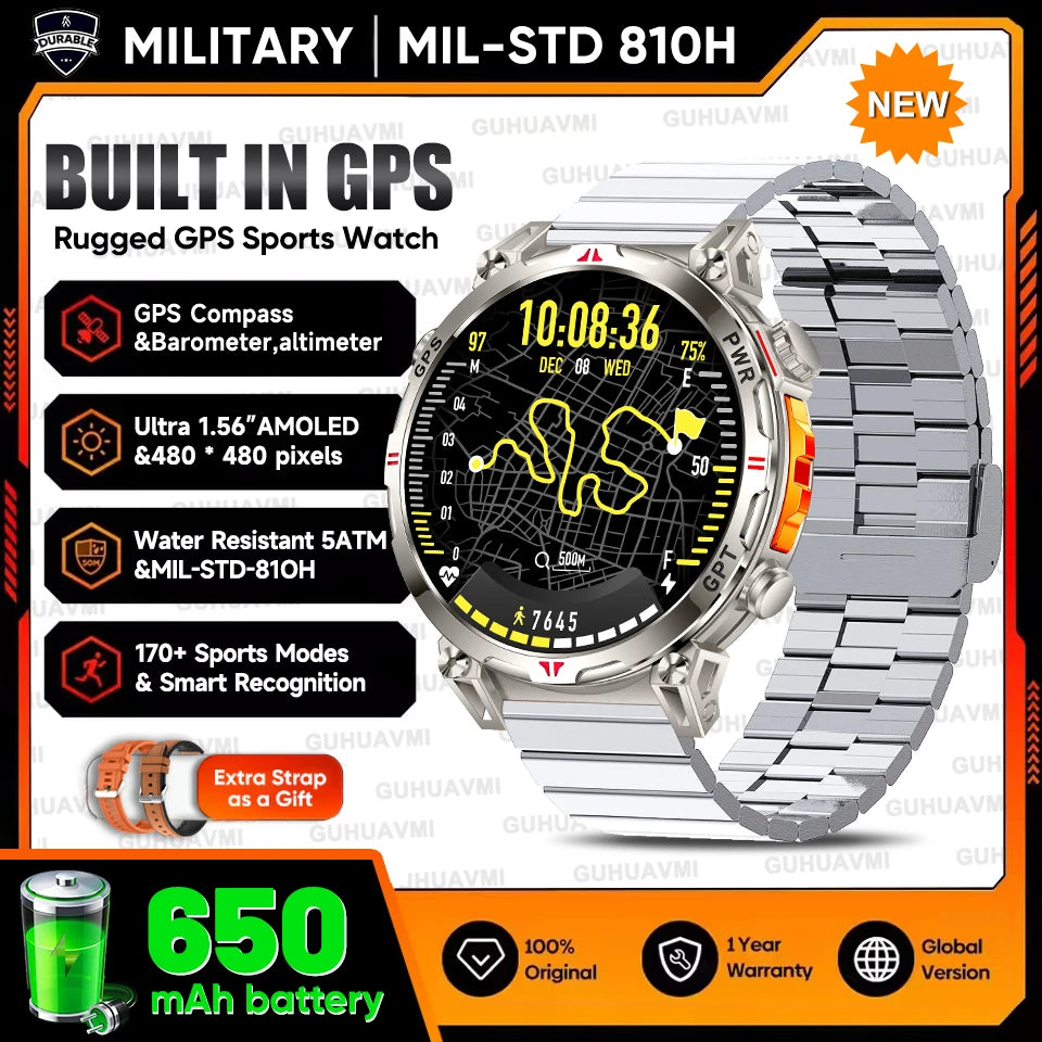 2026 Outdoor GPS Sports Smart Watch Men Built in GPS Compass 5ATM Waterproof Bluetooth Call HD AMOLED Screen Fitness Smartwatch