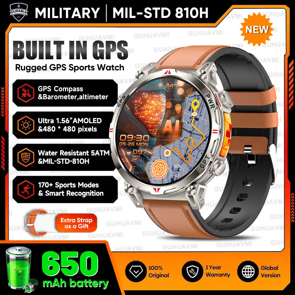 2026 Outdoor GPS Sports Smart Watch Men Built in GPS Compass 5ATM Waterproof Bluetooth Call HD AMOLED Screen Fitness Smartwatch