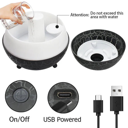 Creative Planet Aroma Diffuser USB Powered Color LED Night Light Flame Crack Projection Humidifier for Bedroom Air Purification