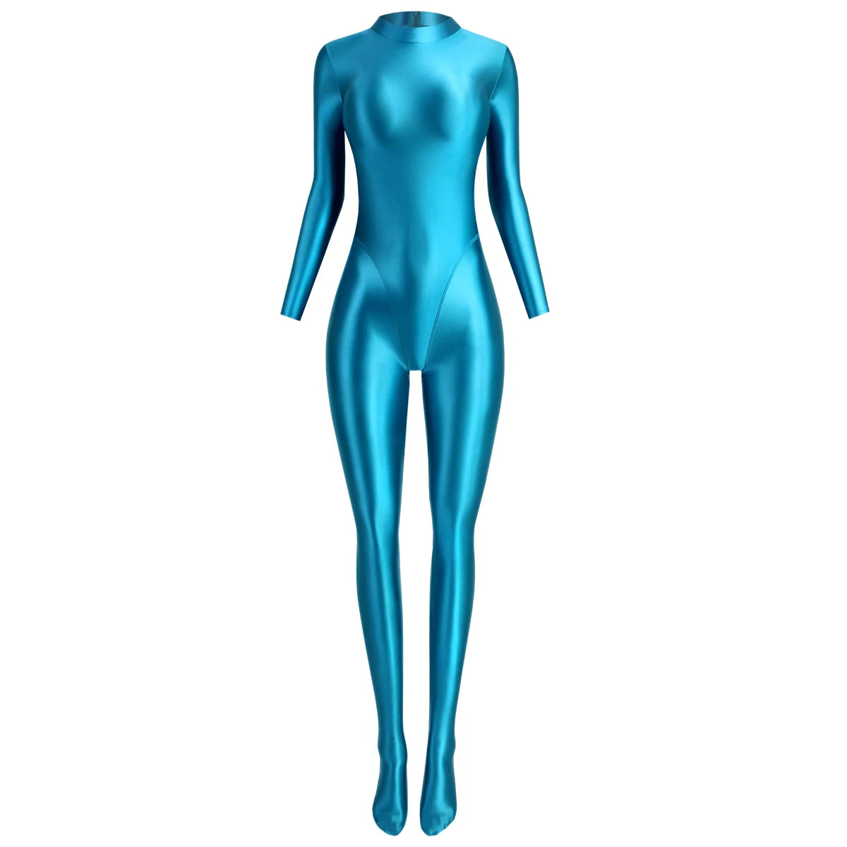 MJINM Glitter Shiny Satin High Stretch V-crotch Longsleeve Back Zipper Yoga Fitness Jumpsuit Bodysuit Playsuit Catsuit Homewear