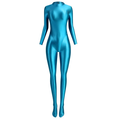MJINM Glitter Shiny Satin High Stretch V-crotch Longsleeve Back Zipper Yoga Fitness Jumpsuit Bodysuit Playsuit Catsuit Homewear