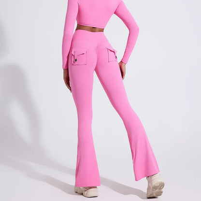 Workwear Pocket Pants, Women's Peach Bell Bottom Pants, Hip Lifting Sports Leggings, Fitness Pants, Micro Bell Bottom Pants
