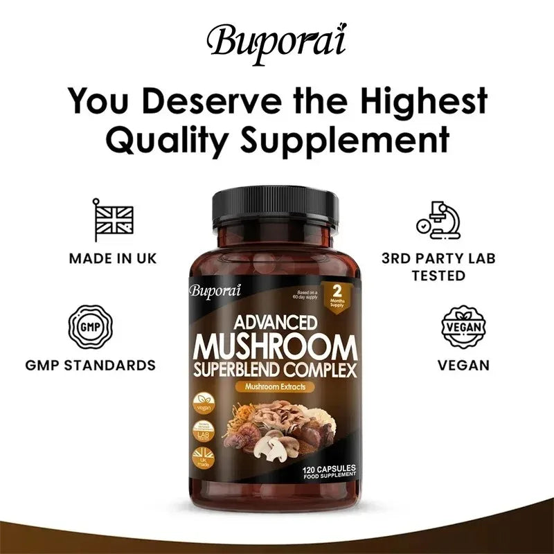 Mushroom Super Blend Complex - Brain Nervous System Health and Memory Supplements Immunity Sleep Energy Mood Support