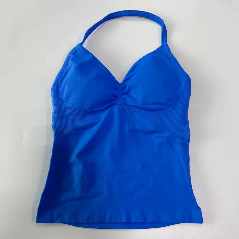 2Pcs Gym Set Women Backless Tank Tops High Waist Scrunch Seamless Shorts Gym Suit Fitness Clothes Activewear Workout Set