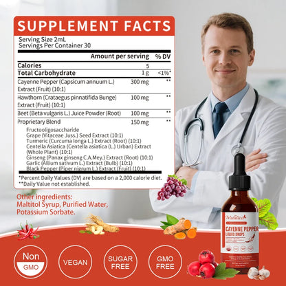 Mulittea Cayenne Pepper Liquid Drops 500mg Organic Cayennee Pepper Supplement- Supports Cardiovascular Health, Improve Digestion