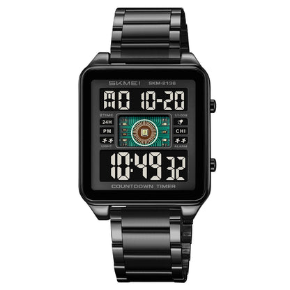 SKMEI 2136 lighting Stylish Mens Digital Watch Stainless Steel Countdown Stopwatch Wristwatch Fashion Electronic Movement Clock
