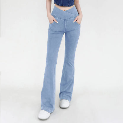 Yoga Jeans for Women Denim Pants Sexy Flared Trousers Lady Pants Hip Lifting and Cross Waist Design Indoor Sports Outdoor Flared