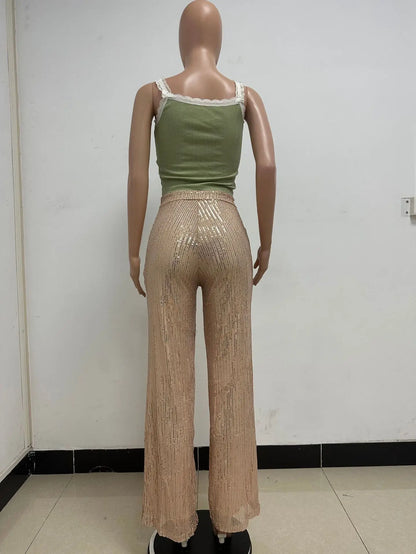 Vintage Bling Bling Sequined Pants Sexy Women High Waist Elegant Night Club Shiny Sequins Trousers
