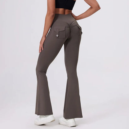 Workwear Pocket Pants, Women's Peach Bell Bottom Pants, Hip Lifting Sports Leggings, Fitness Pants, Micro Bell Bottom Pants