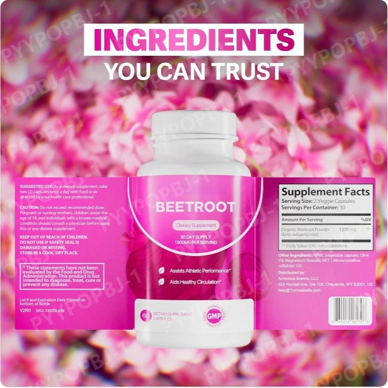 Organic Beet Root Capsules 1300mg Natural Beetroot Powder Supplement for Circulation Energy Support 60 Capsules