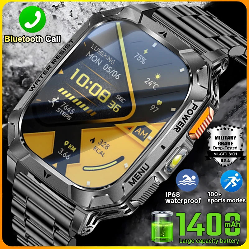 Rugged Military Smart Watch 1400mAh Battery Fitness Tracking IP68 Waterproof Tactical Sports Flashlight 2026 New Men Smartwatch
