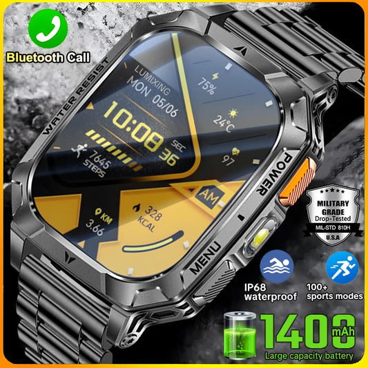 Rugged Military Smart Watch 1400mAh Battery Fitness Tracking IP68 Waterproof Tactical Sports Flashlight 2026 New Men Smartwatch