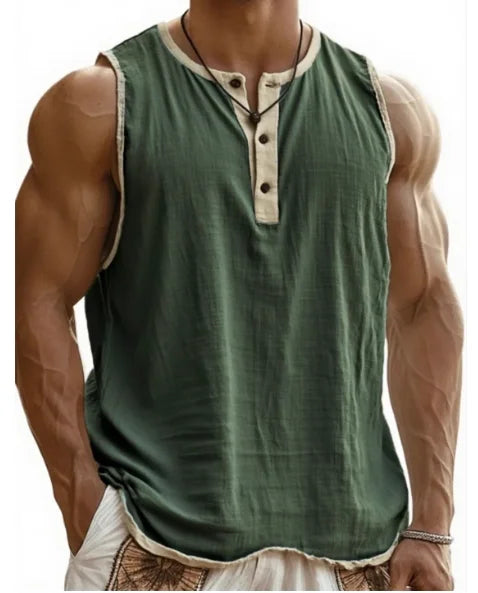 Summer 2025 Men's Fashion Cotton Sleeveless Fitness Casual Vest Color Block Trendy Button Decorated Loose Fit Sweat Wicking