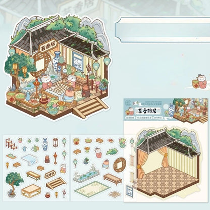 Rertro Cute Cartoon Chinese Courtyard 3D Sticker Set DIY Garden Miniature Diorama Decals Landscape Stickers for Journaling
