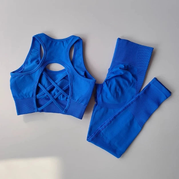 Women's yoga exercise set, cross belt backless sports bra paired with hip lifting and high waist yoga fitness pants