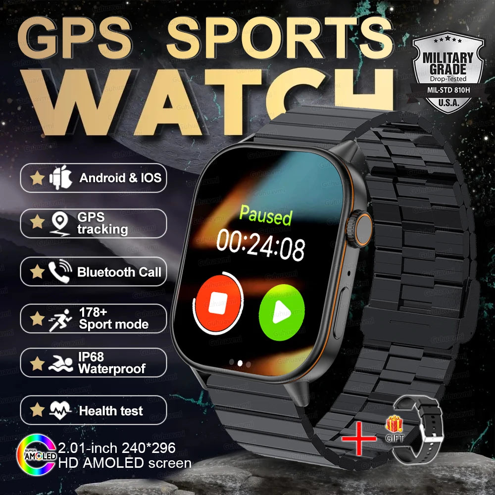 2025 New Outdoor Military GPS Smart Watch 2.01-inch AMOLED Screen BT Call 178+ Sport Mode IP68 Waterproof Smartwatches Man Women