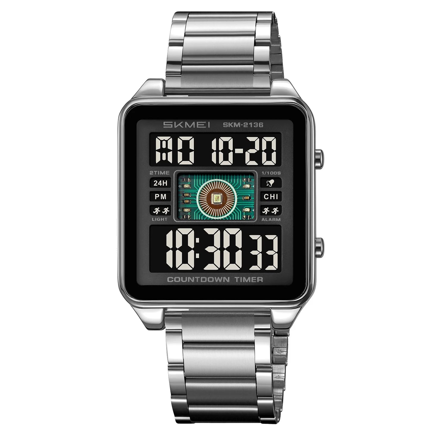 SKMEI 2136 lighting Stylish Mens Digital Watch Stainless Steel Countdown Stopwatch Wristwatch Fashion Electronic Movement Clock