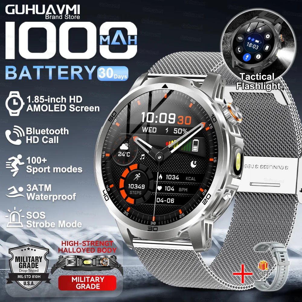 2026New Rugged Military Grade Smart Watch Men 1000mAh Large Battery Flashlight Waterproof Voice Call Sports Men Fitness Bracelet