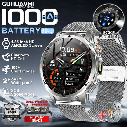 2026New Rugged Military Grade Smart Watch Men 1000mAh Large Battery Flashlight Waterproof Voice Call Sports Men Fitness Bracelet