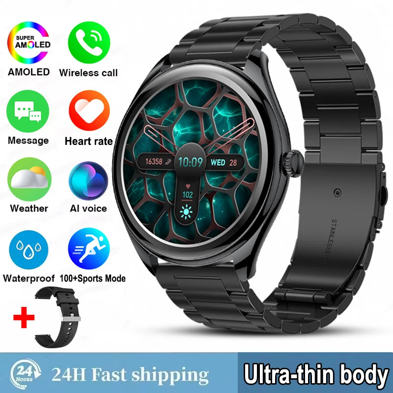 New Ultra Thin SmartWatch Men AMOLED 3D Screen Always Show Time Sports Fitness Waterproof Heart Rate Bluetooth Call Smartwatches